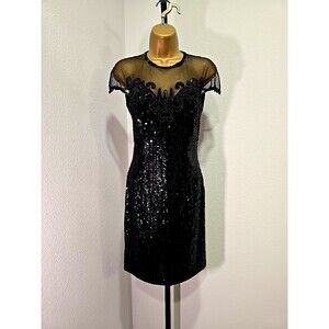 Vtg 80s Nite Line Black Sheer Sequin Elegant Cocktail Bodycon Dress 6 Cap Sleeve
